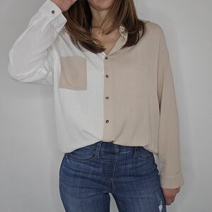 Boutique Two-Tone Button-Up Collared Women's White & Tan Shirt